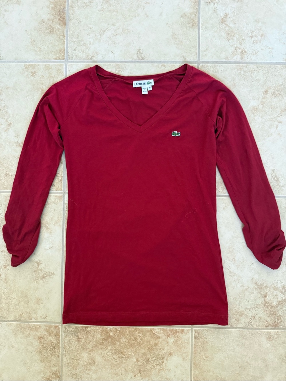Lacoste Red V-Neck Ruched Sleeve Cotton Top Size 36